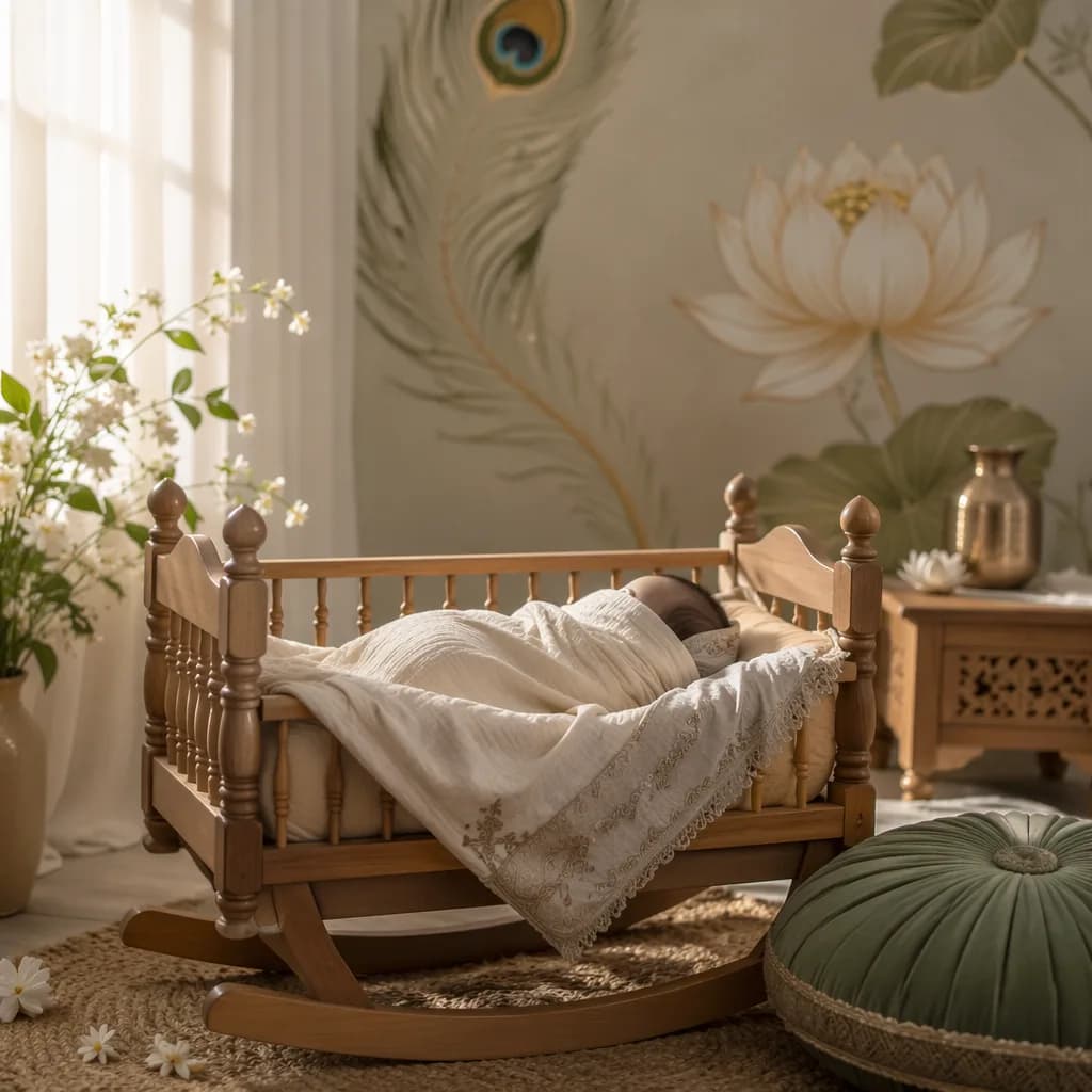 A peaceful swaddled baby in a soft pastel nursery with lotus and gentle Indian-inspired accents.