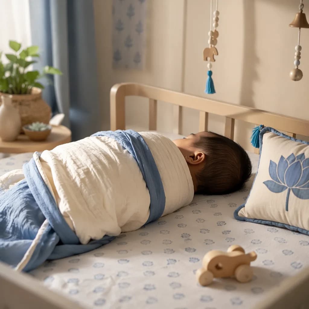 A peaceful pastel nursery with a swaddled baby, blue accents, and gentle lotus-inspired decor.