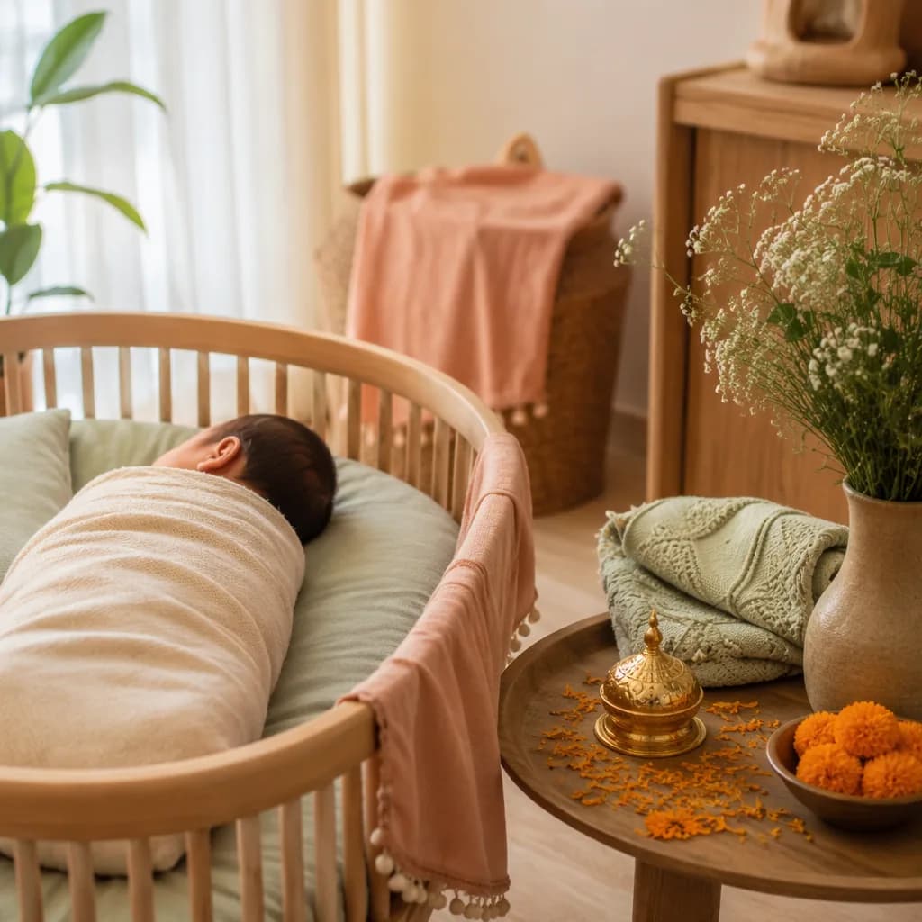 A softly lit nursery with a swaddled Punjabi newborn and gentle cultural accents.