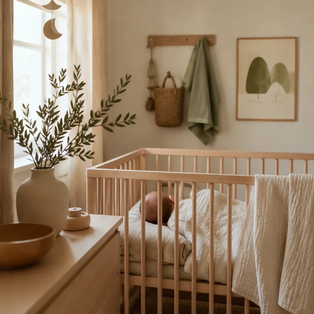 Cozy Scandinavian nursery with a sleeping baby, soft pastels, and olive branch decor.