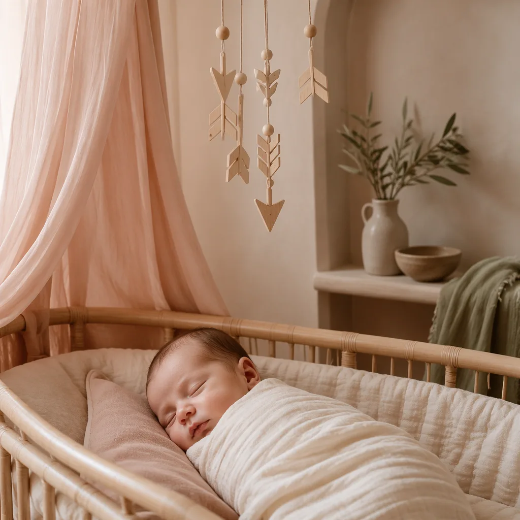 A peaceful Arabic-inspired nursery with a swaddled sleeping baby, olive branch, and gentle arrow mobile.