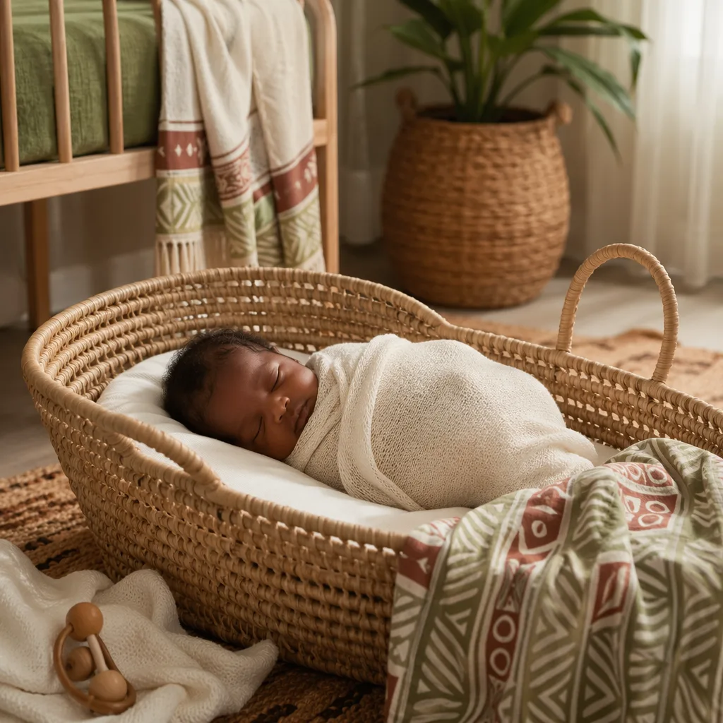 Sleeping newborn in a warm Nigerian-inspired nursery with soft pastel accents.