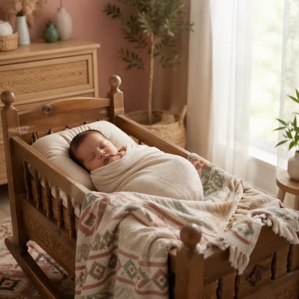 A peaceful swaddled baby in a warm pastel nursery with subtle Turkish-inspired home details.