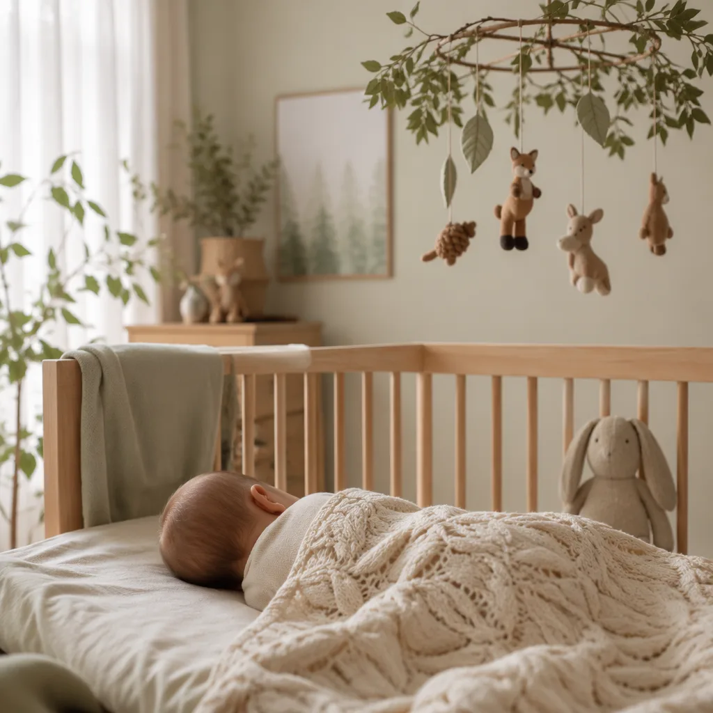 A cozy pastel nursery with a sleeping baby and gentle woodland accents.