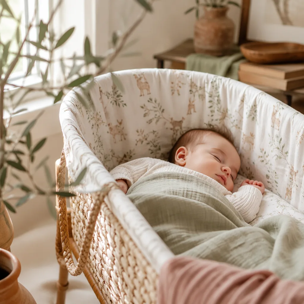 Sleeping baby in a soft pastel woodland-inspired nursery