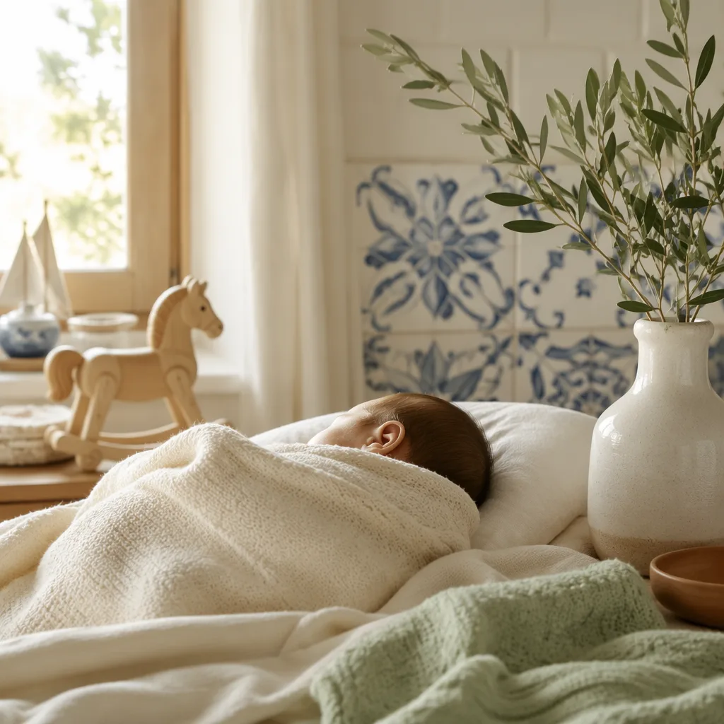 Cozy Portuguese-inspired nursery scene with a swaddled newborn, soft pastels, ceramic tile details, and gentle natural light.