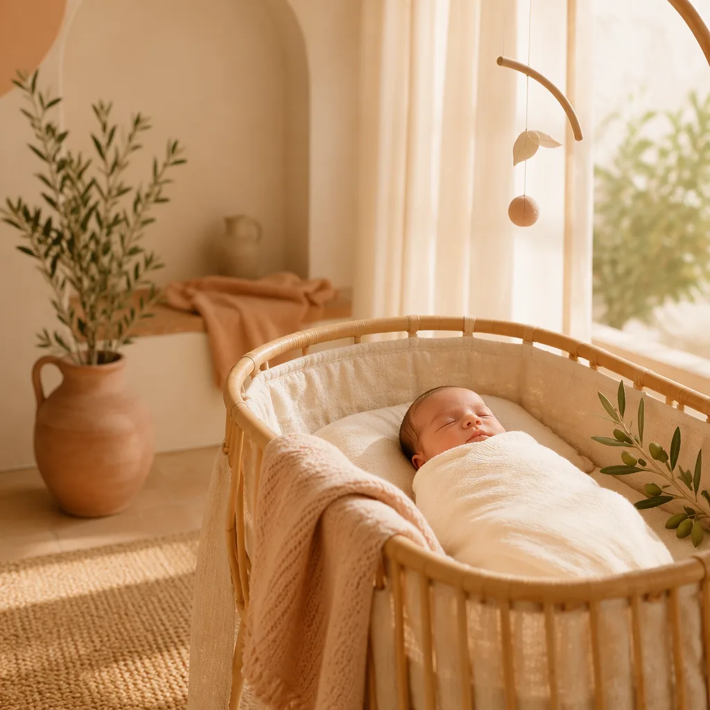 Newborn baby in a cozy pastel nursery with warm golden light and Italian-inspired details