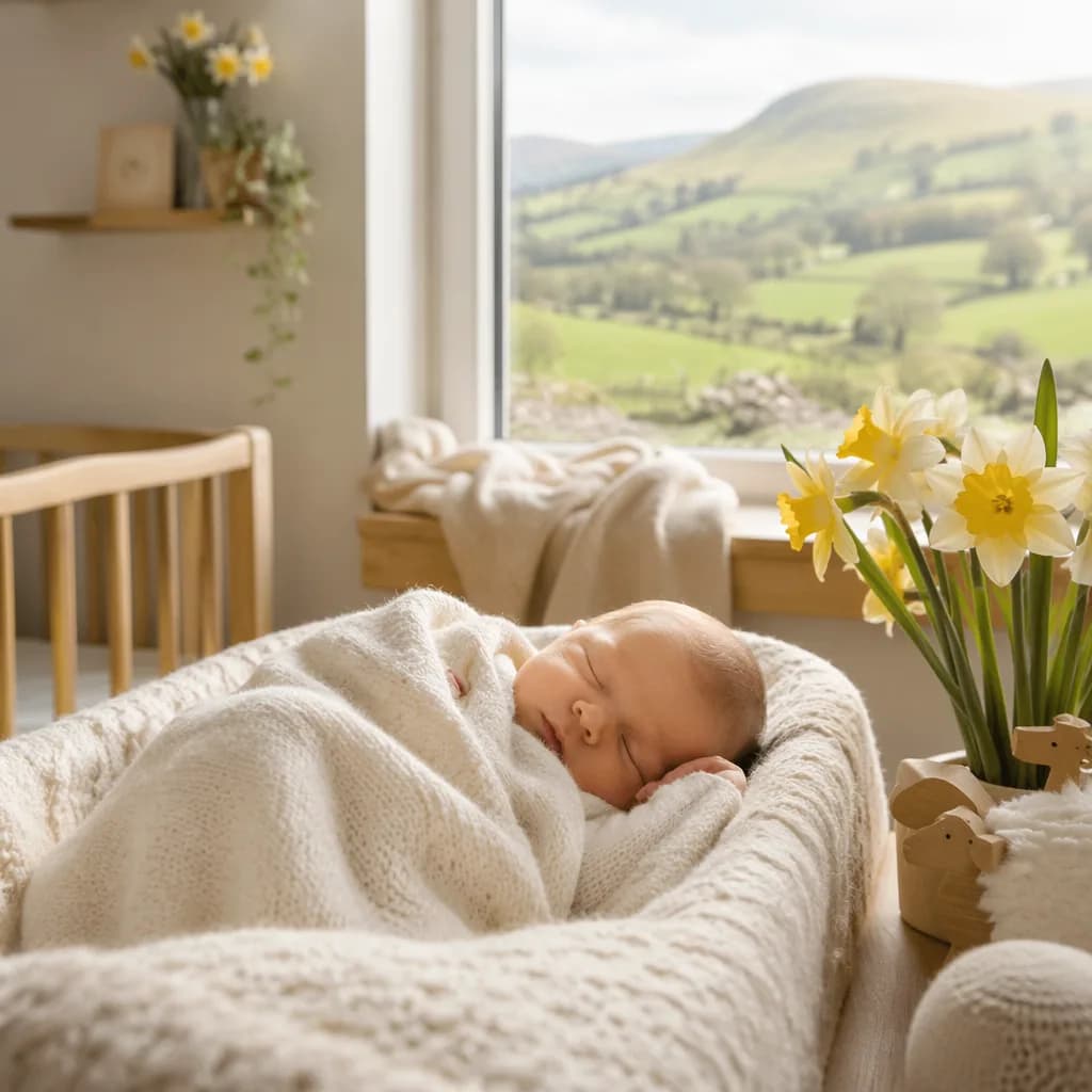 Sleeping baby in a cozy Welsh-inspired nursery with soft light and daffodils