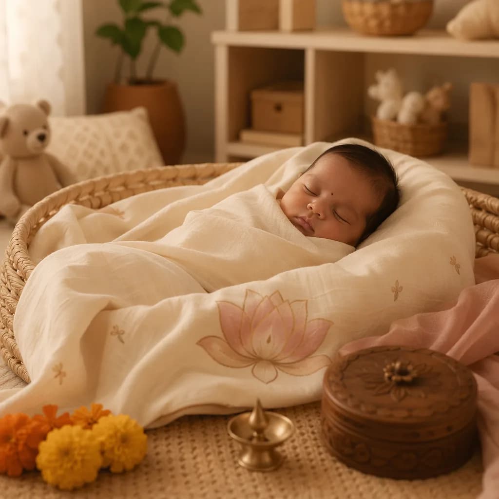 Sleeping baby in a soft pastel nursery with subtle Indian-inspired accents.
