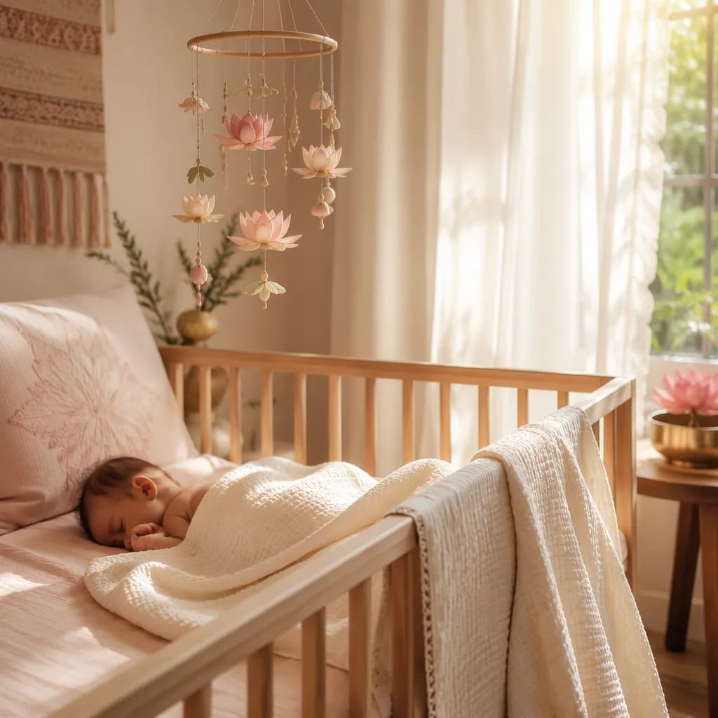 Soft pastel nursery with a sleeping baby, lotus mobile, and gentle morning light.