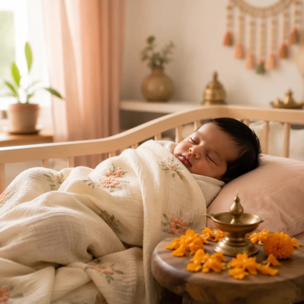 Peaceful newborn in a soft pastel nursery with gentle Indian-inspired accents.