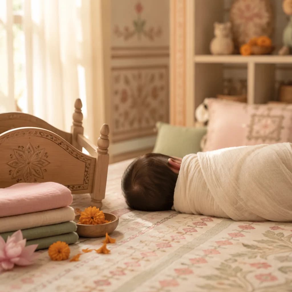 Soft pastel nursery scene with a swaddled baby and subtle Mithila-inspired details.