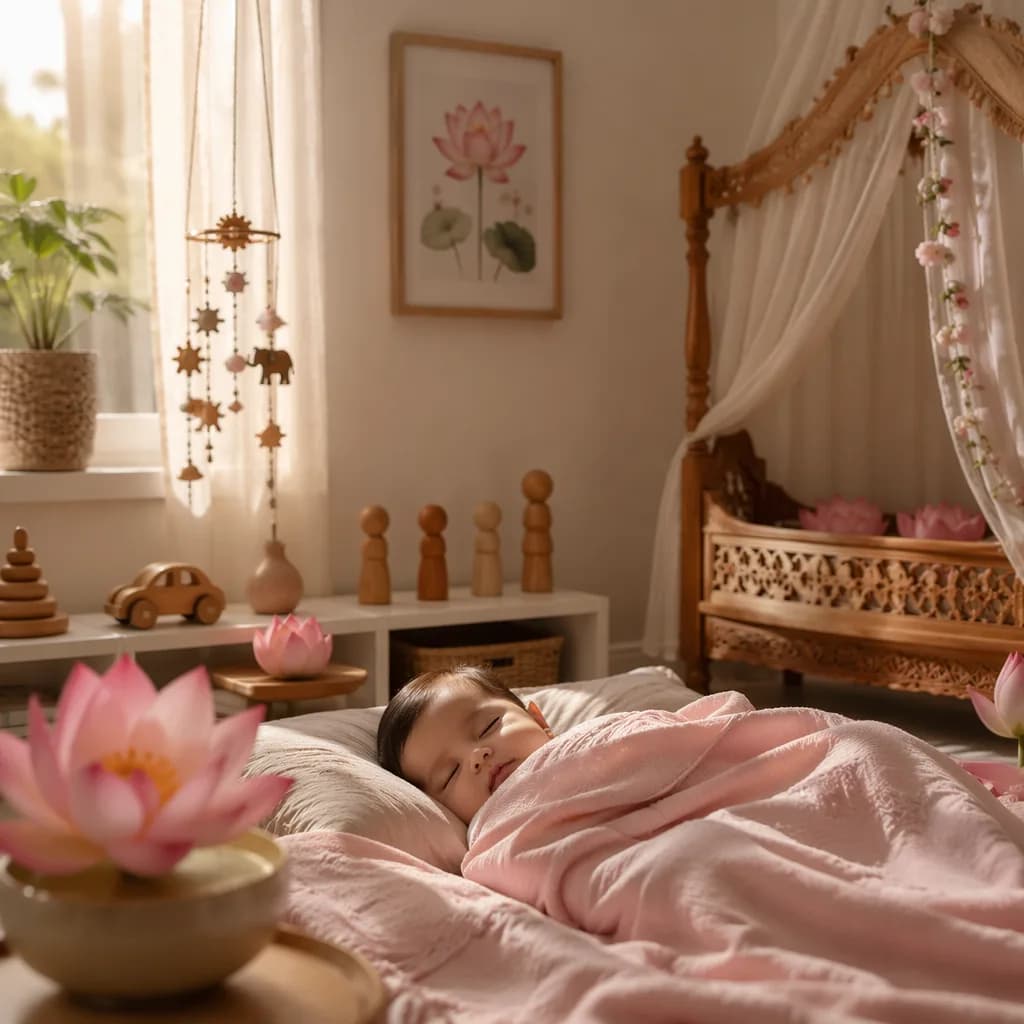 A peaceful pastel nursery with a sleeping baby, lotus flowers, and soft natural light.