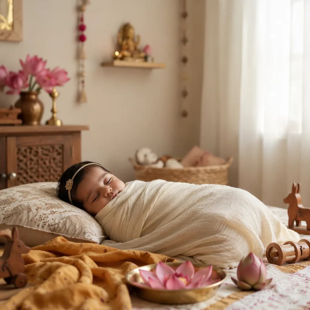 A peaceful swaddled baby in a soft pastel nursery with lotus and Indian-inspired accents.