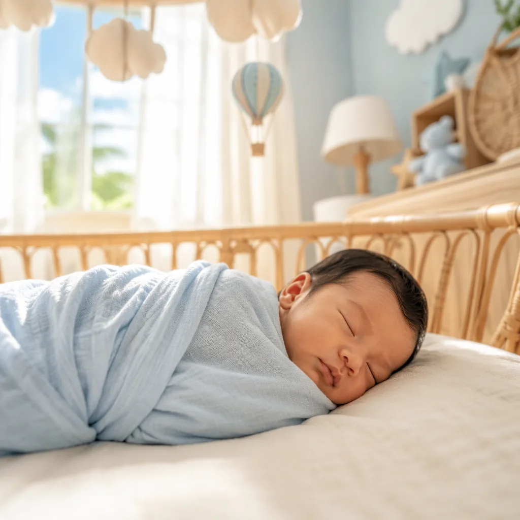 Filipino newborn wrapped in sky-blue blanket in a soft, cozy nursery.