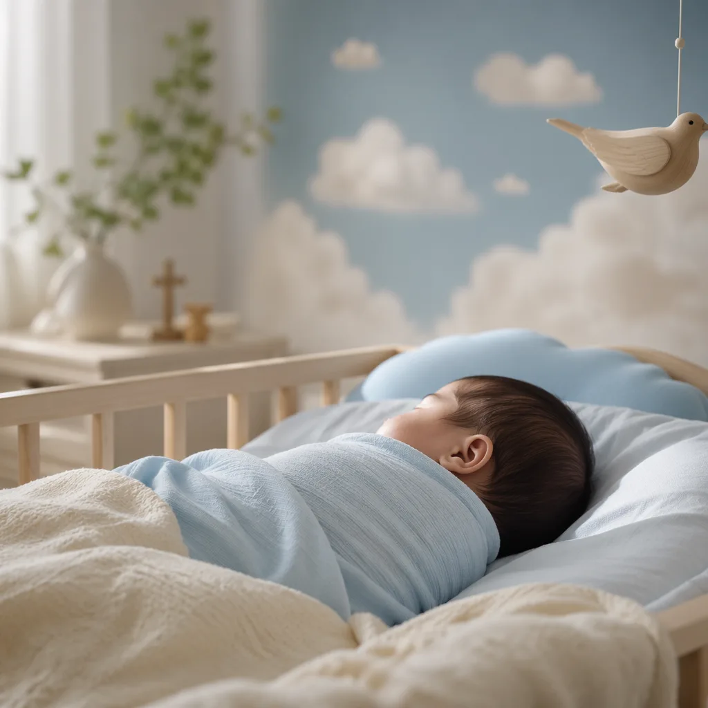 A sleeping Filipino baby in a soft sky-blue nursery with gentle cloud and nature accents.