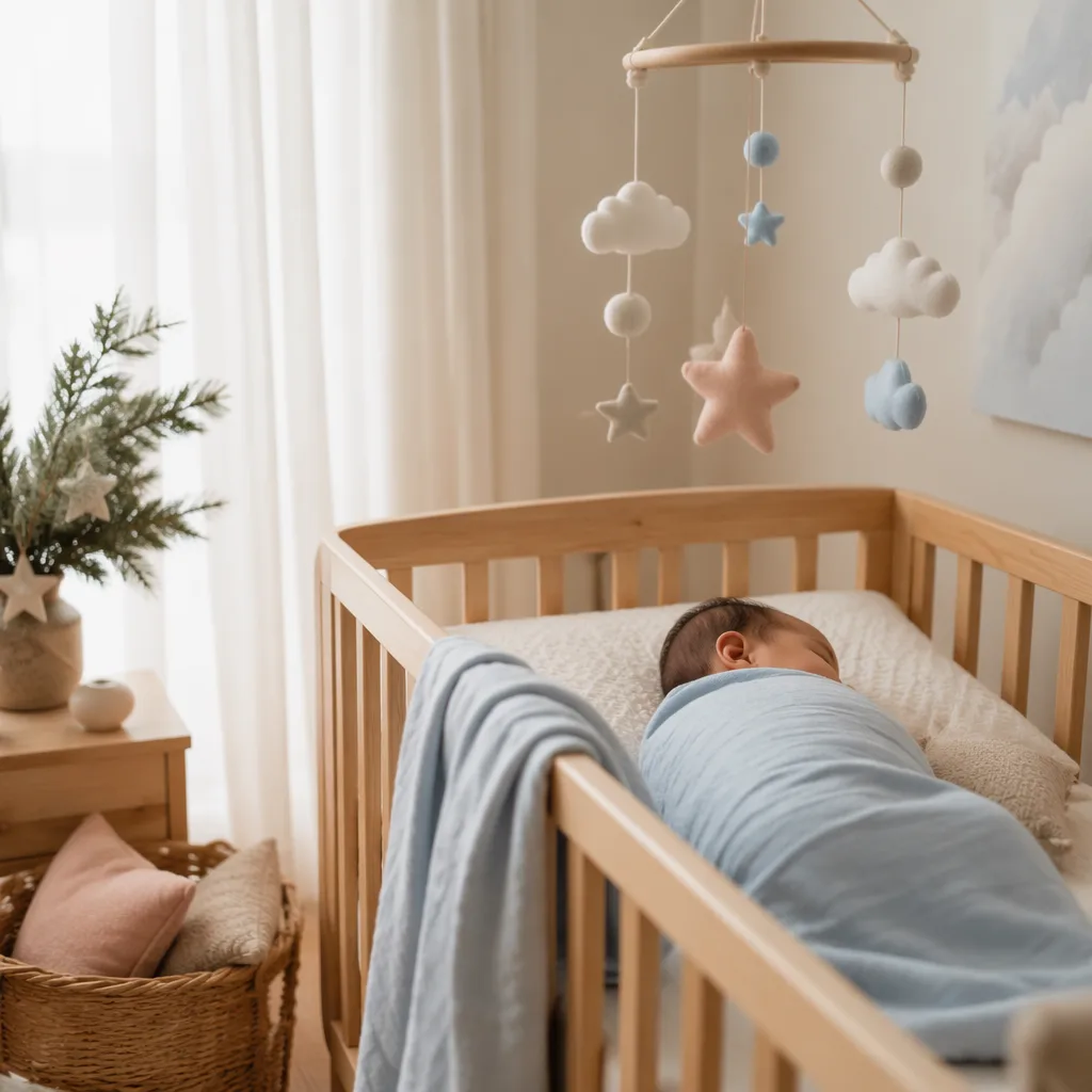 Generic Filipino baby in a soft sky-blue nursery with gentle holiday-inspired details.