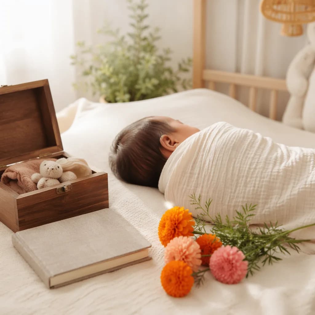 Sleeping baby in a soft nursery beside keepsakes, evoking remembrance.