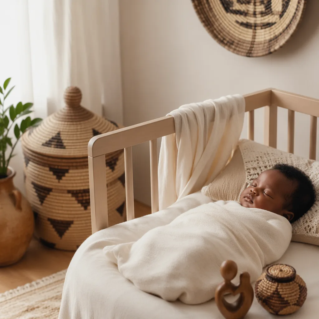 Sleeping baby in a soft Nigerian-inspired nursery with warm pastel decor.