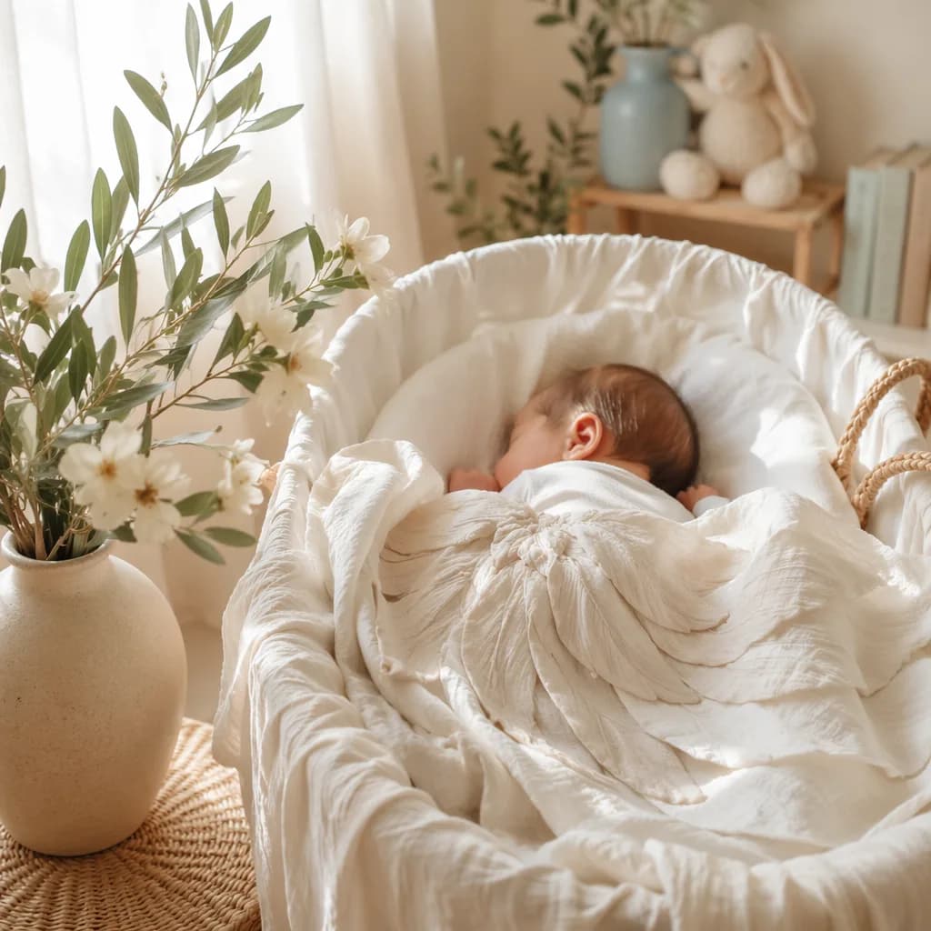 Sleeping newborn in a soft Greek-inspired nursery with olive branches and angelic pastel details.