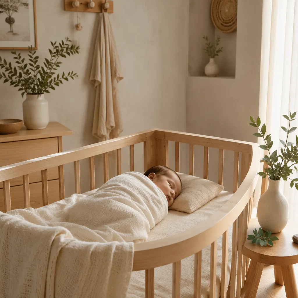 A softly lit pastel nursery with a peacefully swaddled baby and Portuguese-inspired natural details.