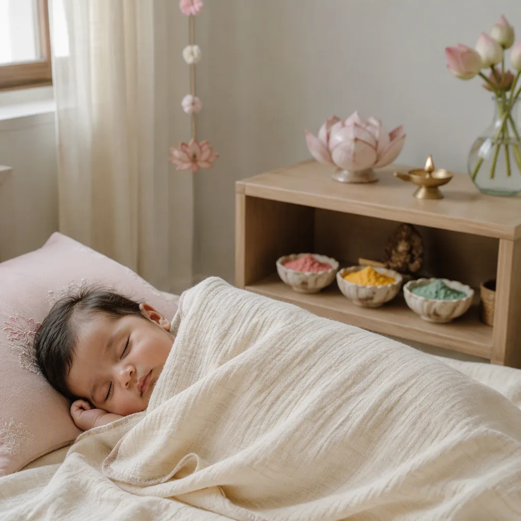 Sleeping Bengali baby in a cozy pastel nursery with gentle cultural and spiritual accents.