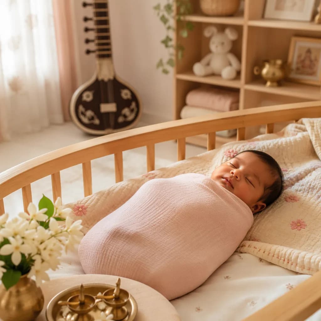 A peaceful Bengali-inspired nursery with a swaddled sleeping baby, soft pastels, jasmine, and gentle natural light.