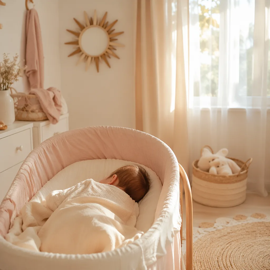 Sunlit pastel nursery with a sleeping baby in a cozy bassinet