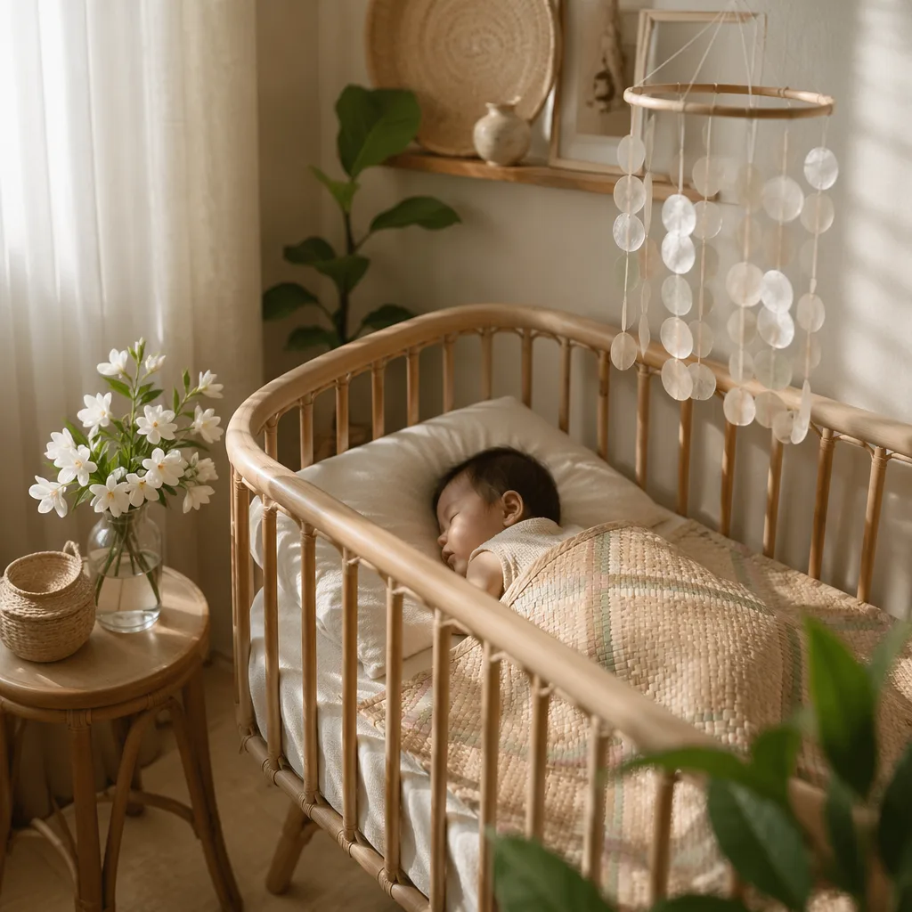 A peaceful Filipino baby nursery with soft pastel decor and gentle natural light.
