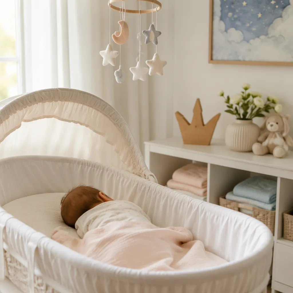 Soft pastel nursery with a sleeping baby, star mobile, and crown keepsake.