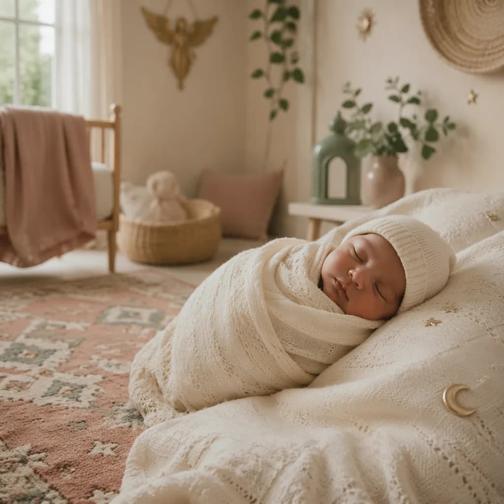A peacefully sleeping Persian baby in a warm pastel nursery with subtle celestial and Persian-inspired decor.