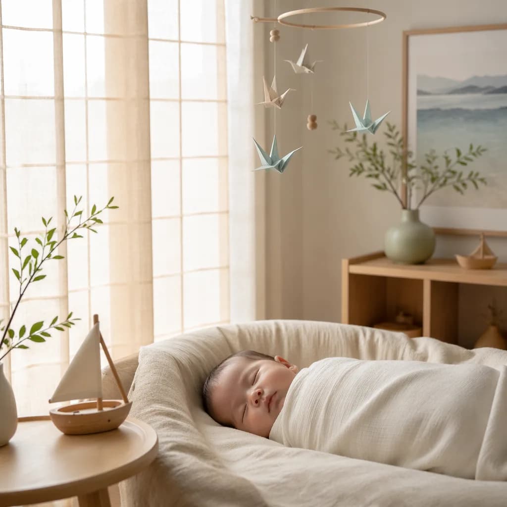 Sleeping baby in a soft Japanese-inspired pastel nursery with origami cranes and wooden toys