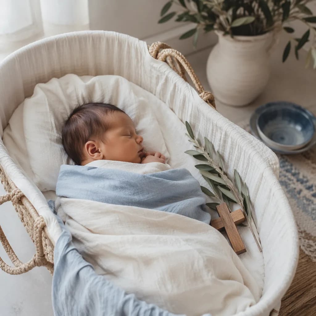 Sleeping Greek newborn in a soft Mediterranean nursery with olive branch accents.