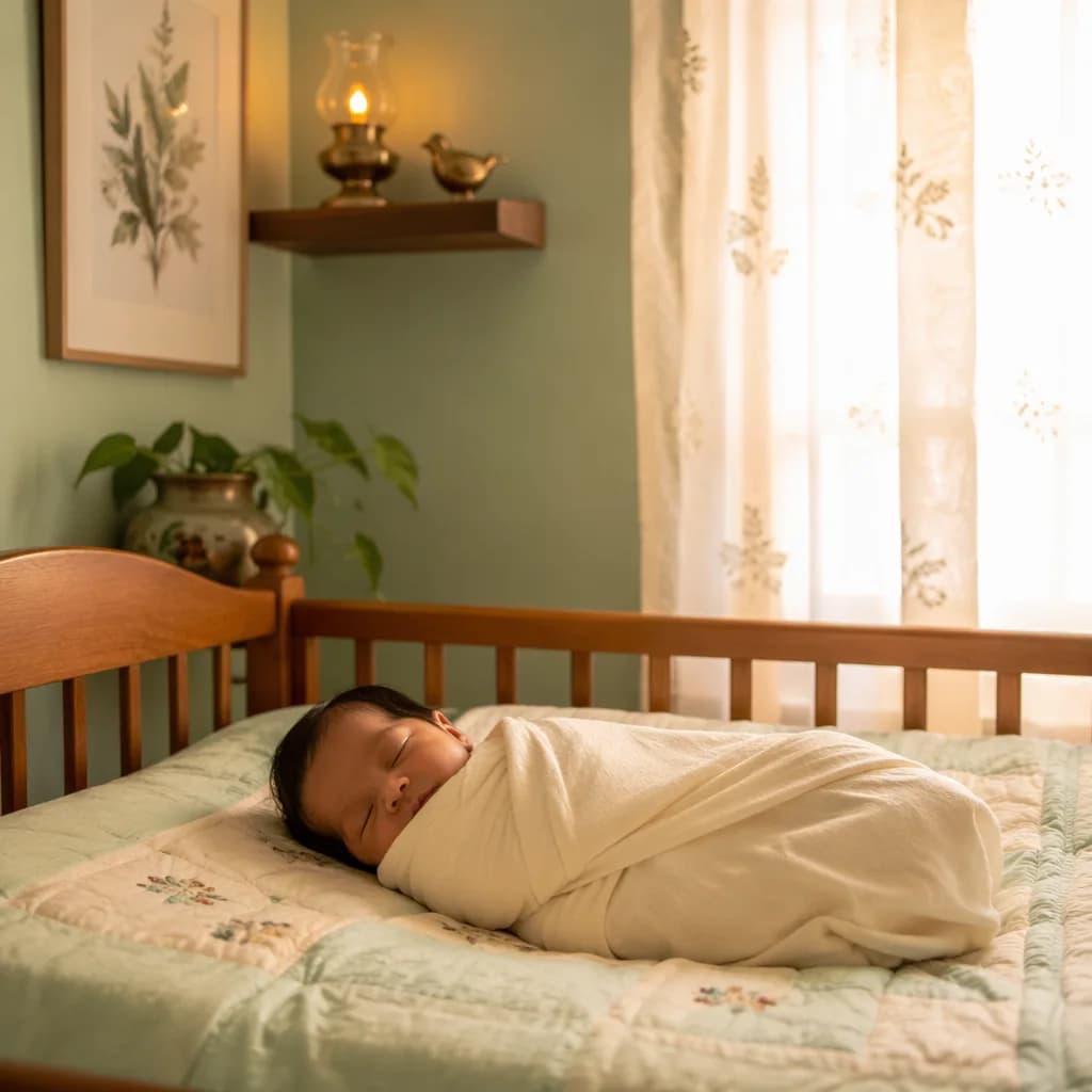 A peaceful Bengali-inspired nursery with a swaddled sleeping baby in soft golden light.