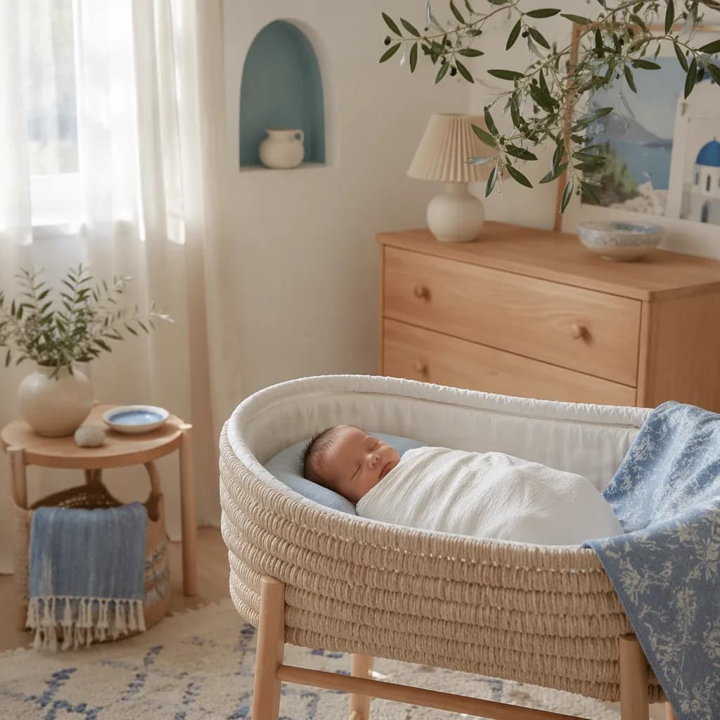 Sleeping baby in a woven bassinet with soft Greek-inspired nursery details.
