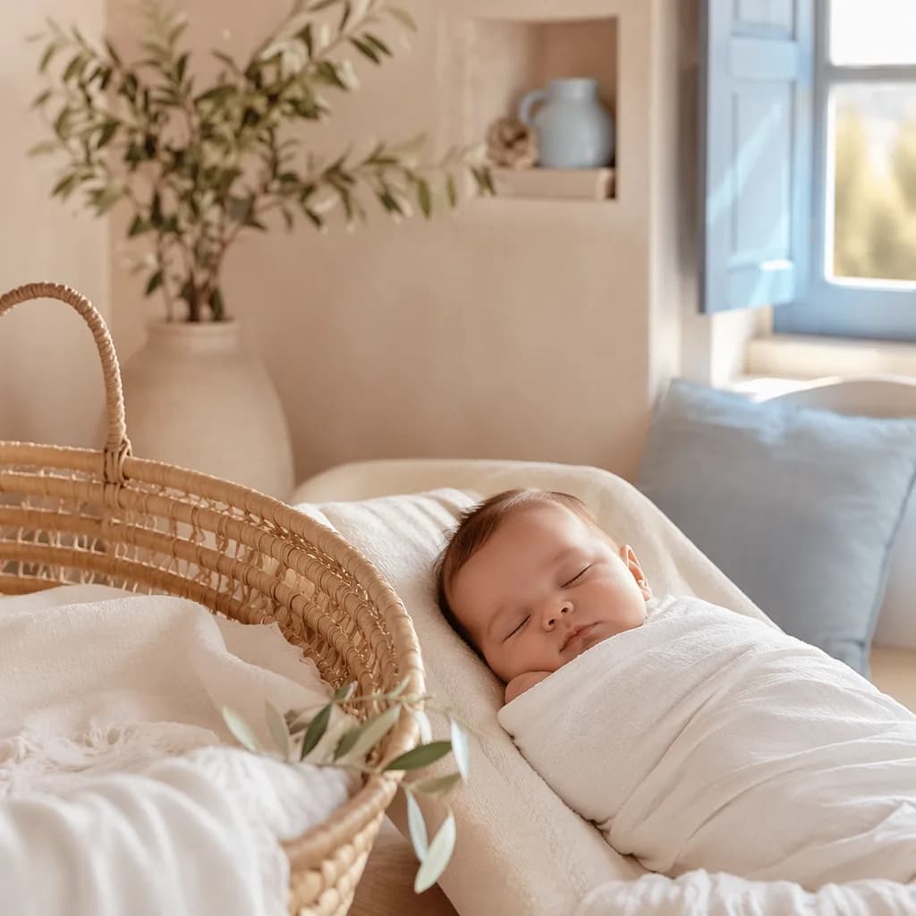Sleeping baby in a soft Greek-inspired nursery with a woven basket and olive branch.