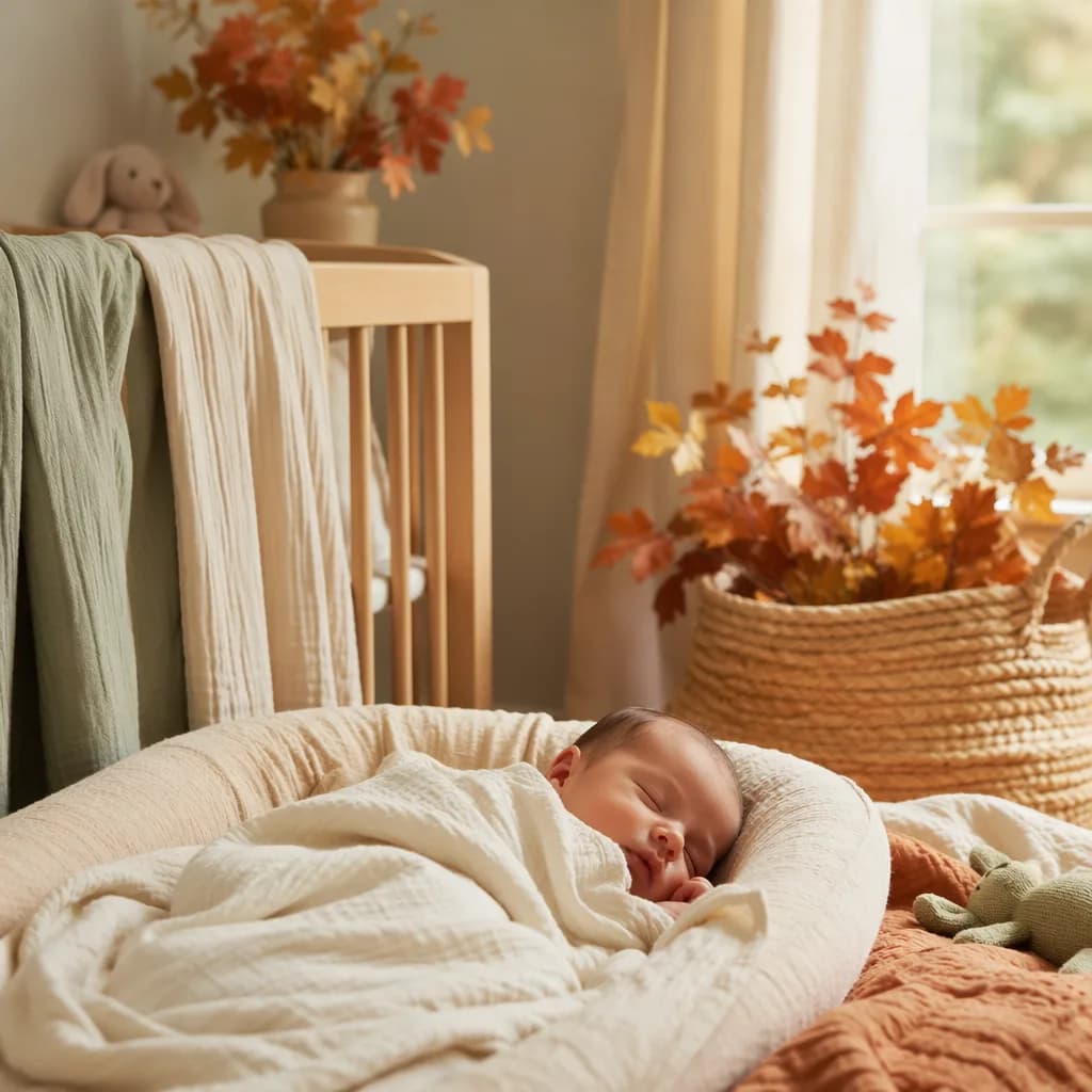 Sleeping baby in a cozy pastel nursery with soft autumn accents.