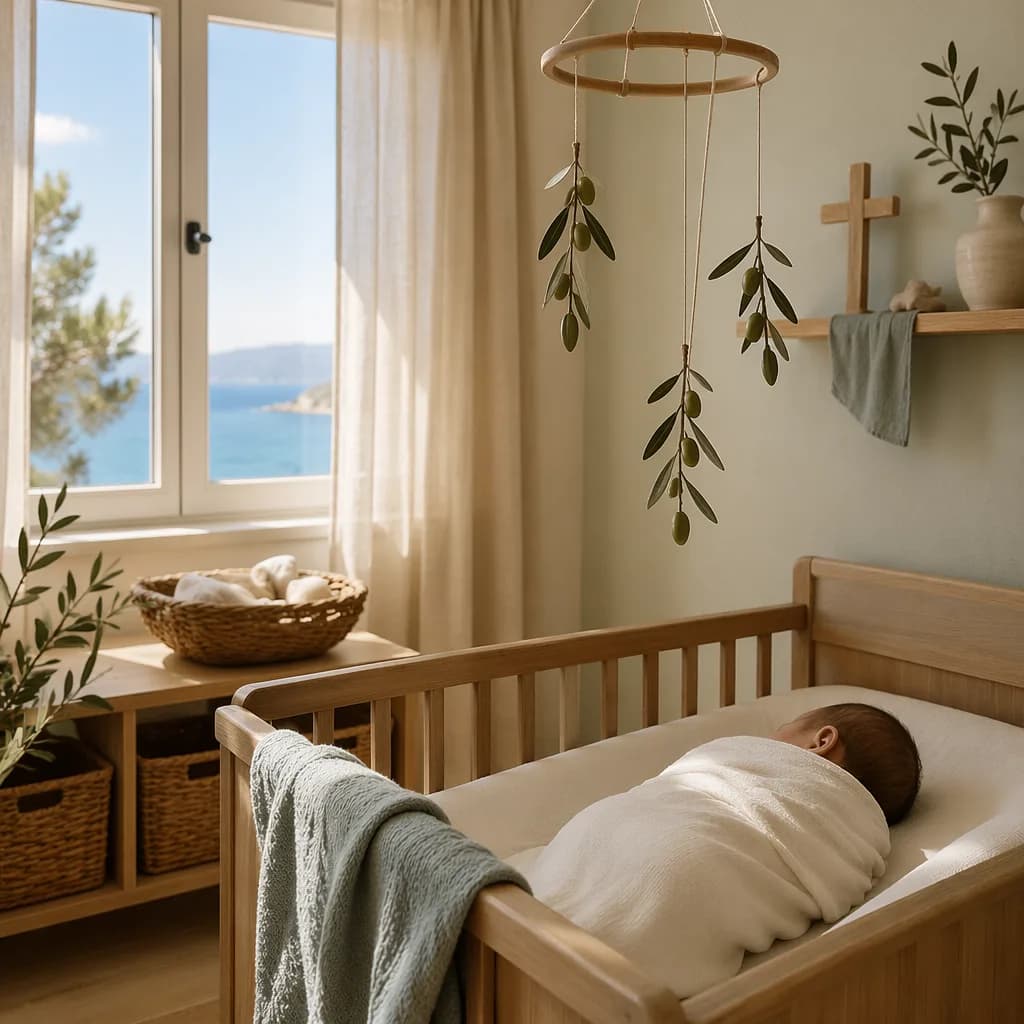 Soft Greek-inspired nursery with a swaddled sleeping baby, olive branches, and gentle pastel light.
