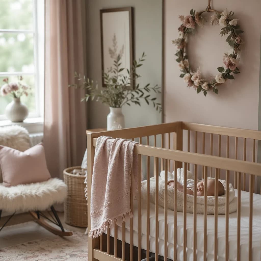 A softly lit pastel nursery with a swaddled baby and delicate floral wreath decor.