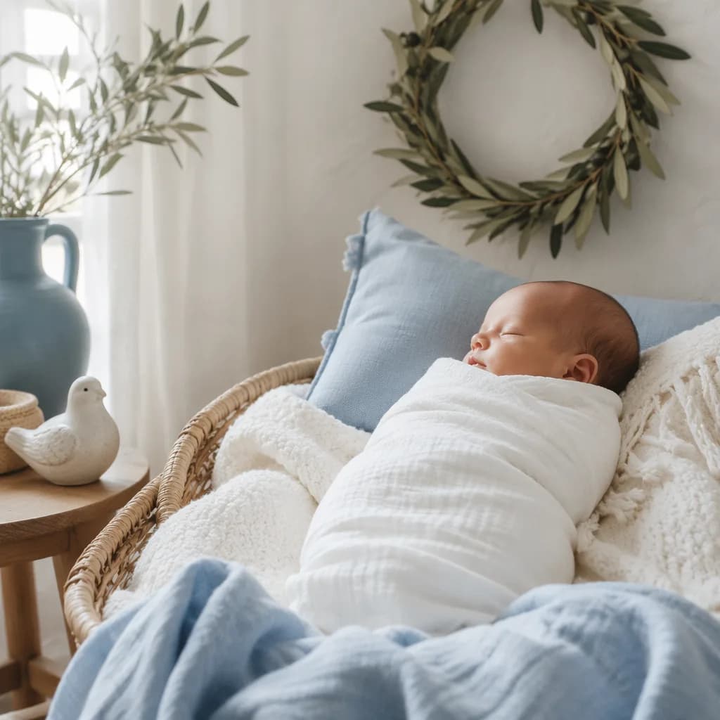 A softly lit Greek-inspired nursery with a swaddled sleeping baby, olive branches, and cozy pastel decor.