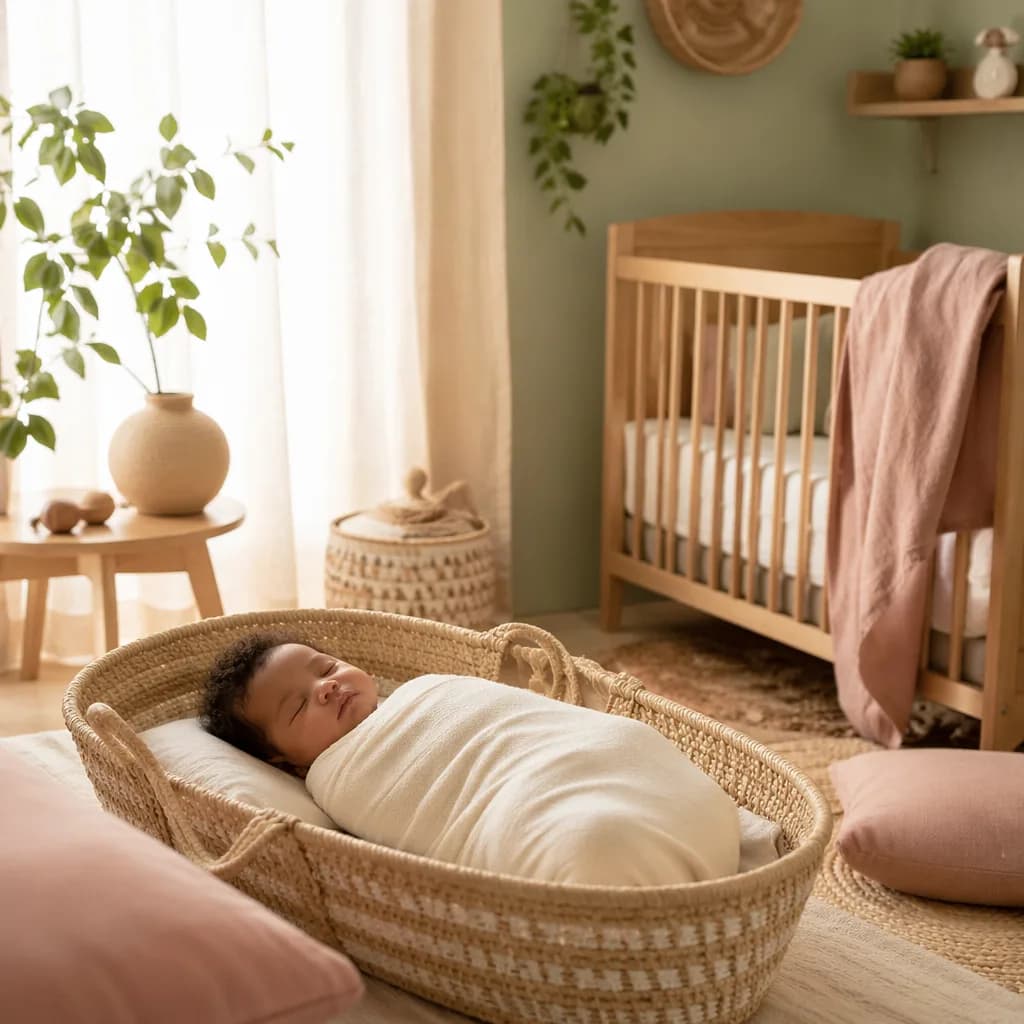 Peaceful pastel nursery with a sleeping swaddled baby and woven accents.