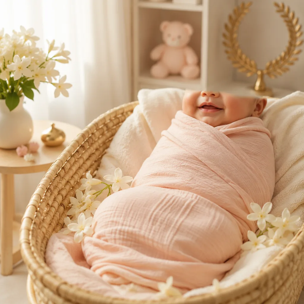 Smiling Bengali baby in a soft pastel nursery with jasmine and gentle golden accents.