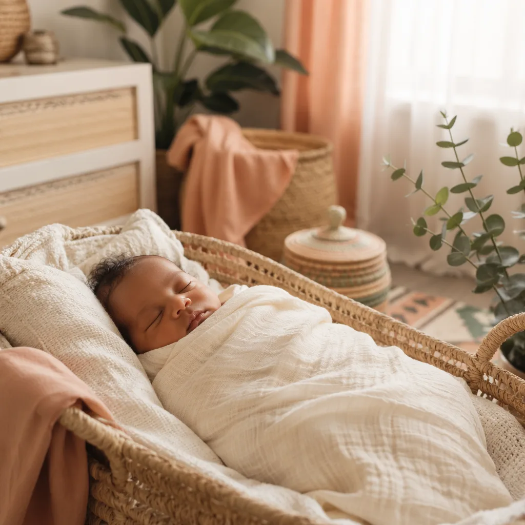 Peaceful newborn in a soft Swahili-inspired nursery with warm pastel light.