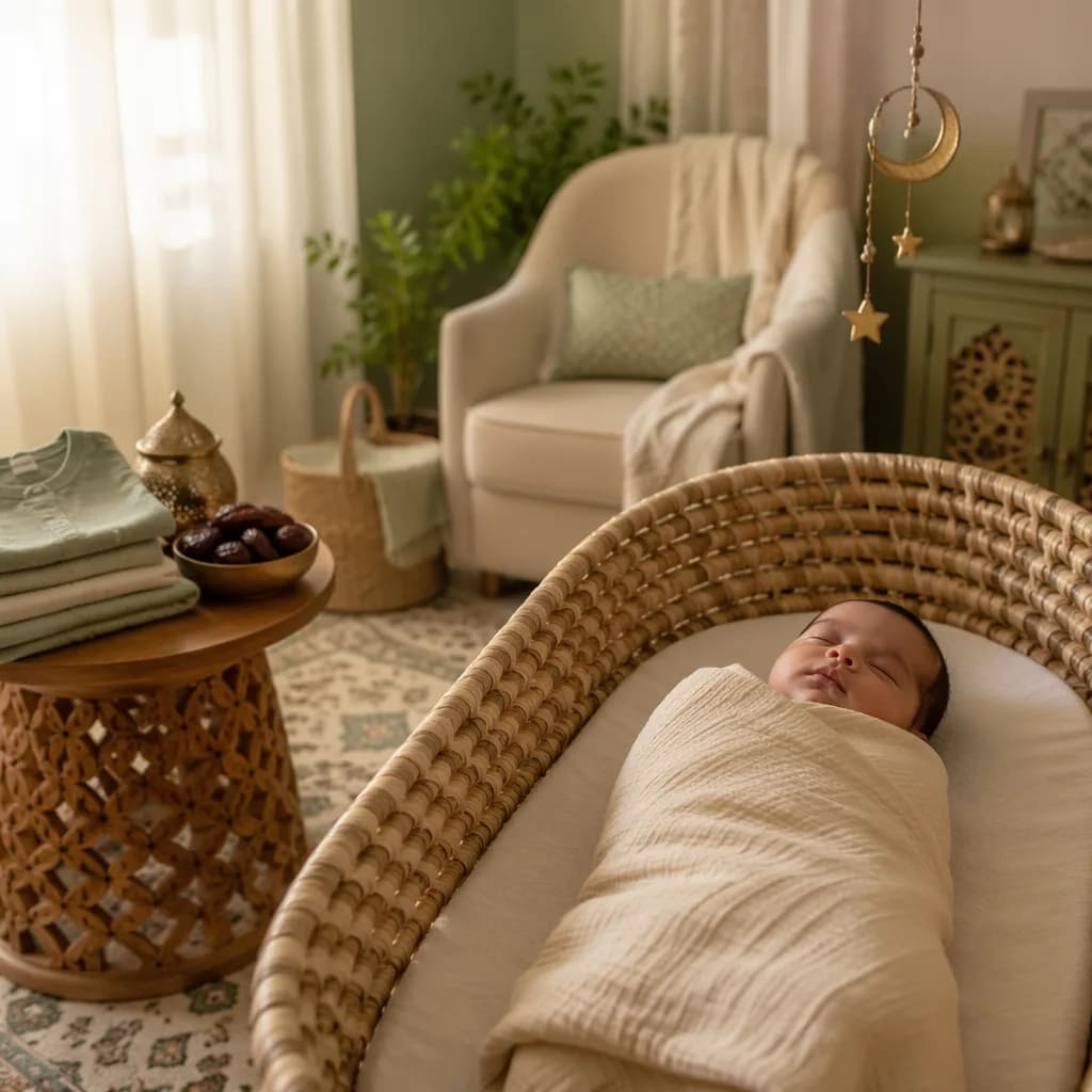 Peaceful newborn in a soft pastel nursery with gentle Urdu-inspired decor.
