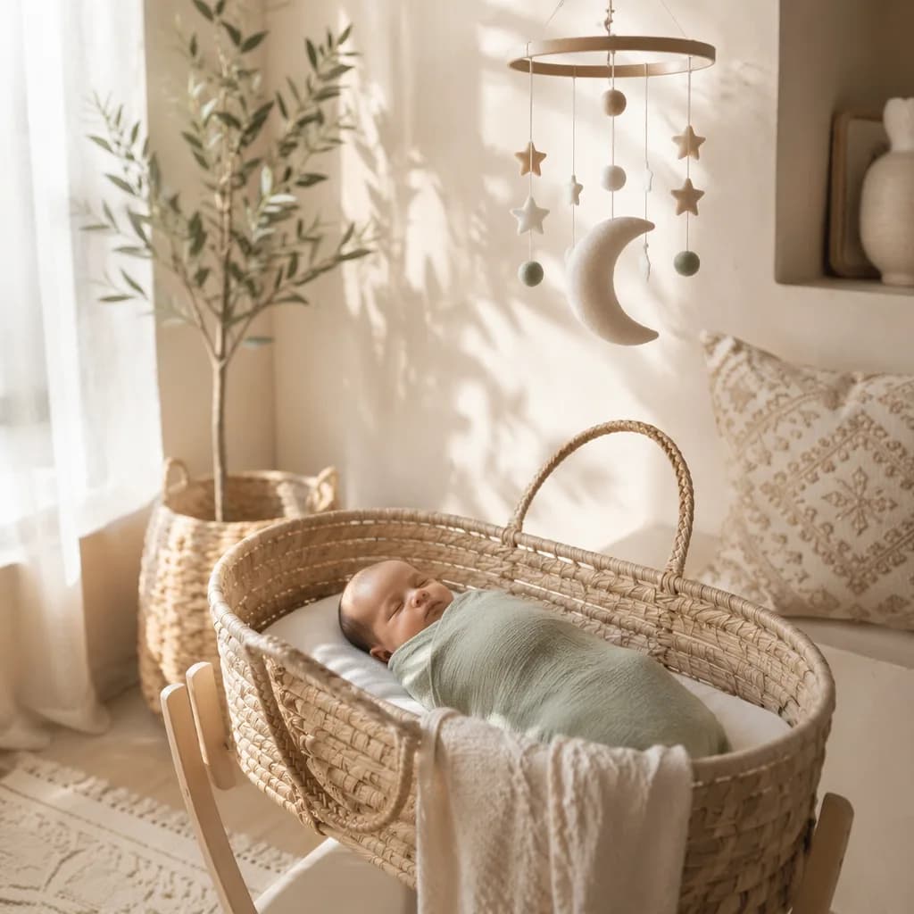 Peaceful newborn in a warm pastel Arabic-inspired nursery with a crescent moon mobile.
