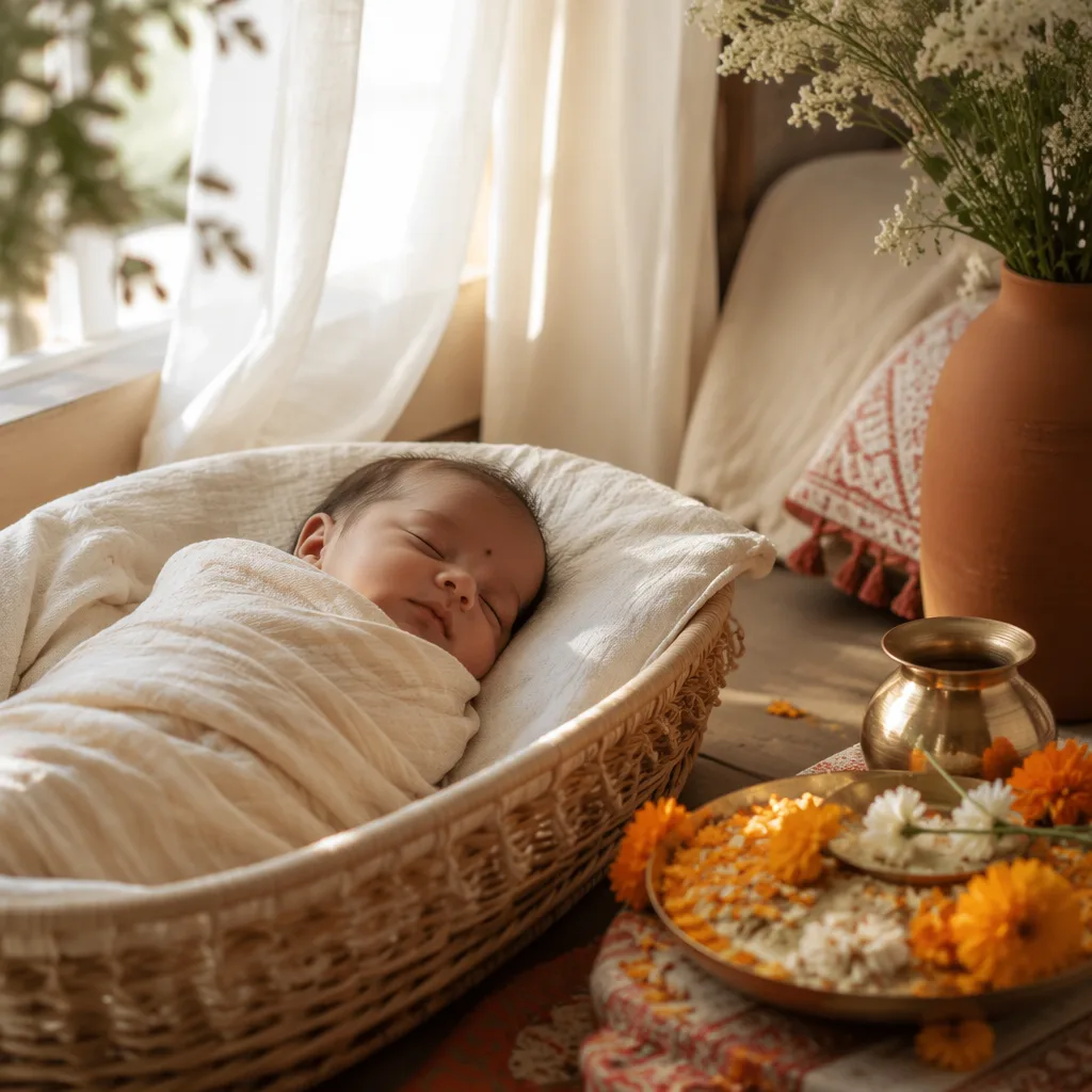 Sleeping baby in a soft Bengali-inspired nursery with gentle pastel decor.