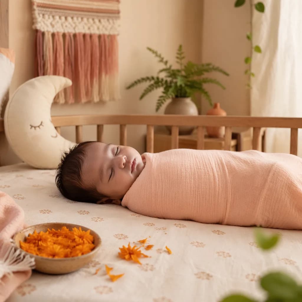 A softly lit pastel nursery with a swaddled sleeping baby and gentle Indian-inspired decor.