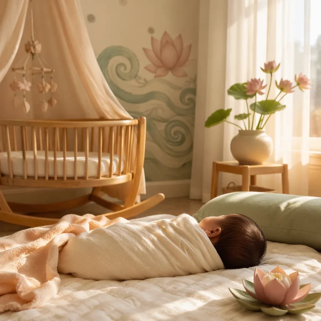 A serene pastel nursery with a swaddled newborn, lotus and gentle wave accents in warm natural light.