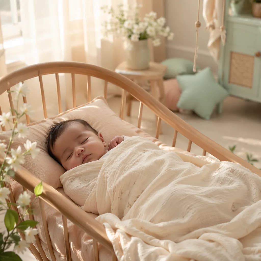 Peaceful baby in a soft pastel nursery with warm morning light and jasmine flowers.