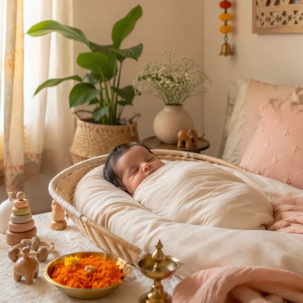 A peaceful newborn in a soft pastel nursery with gentle Indian-inspired decor.